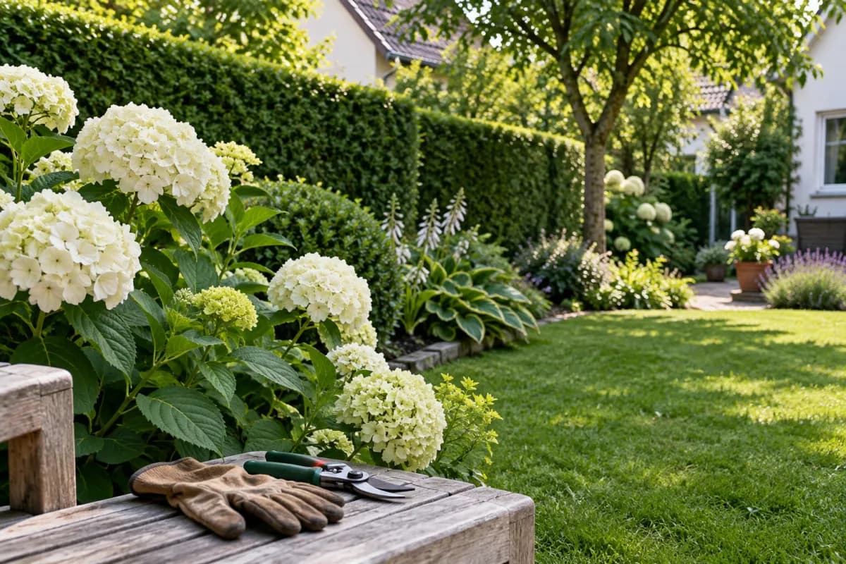 Gepflegter Garten mit Hecke und Gartenwerkzeug – illustratives Motiv
