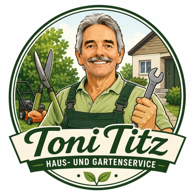 Illustration von Toni Titz in grüner Arbeitskleidung mit Werkzeug im Garten